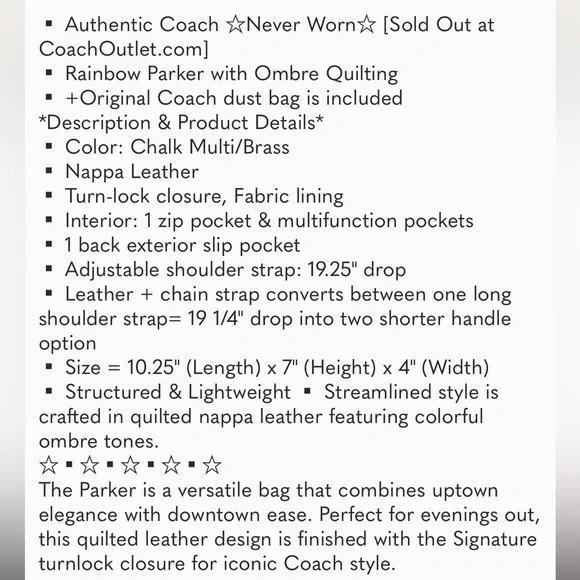 NWOT Coach  ▪︎ Limited Edition ▪︎ Rainbow Parker w Ombre Quilting ▪︎ Never Worn - Picture 12 of 16